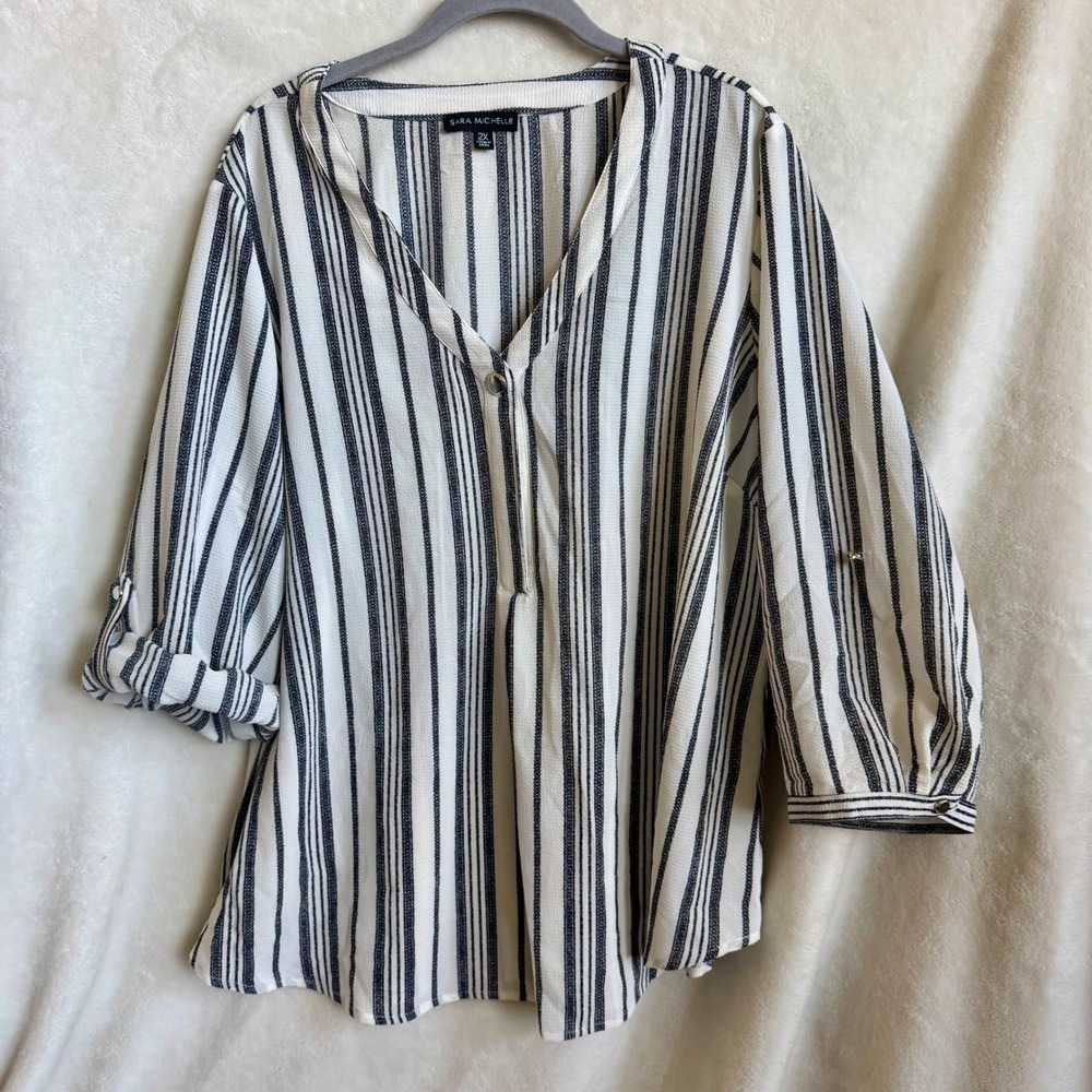 Sara Michelle Black White Striped Blouse Size 2X New With Tags V Neck Top NWT